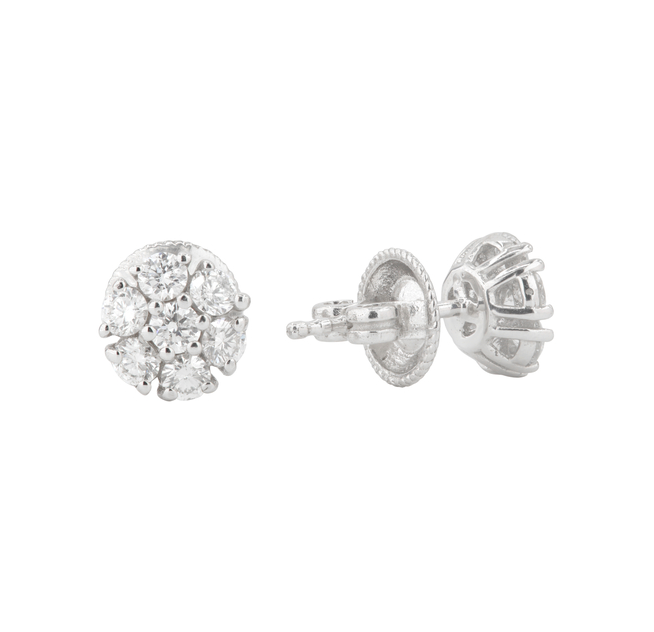 White Gold Diamond Cluster Flower Stud Earrings